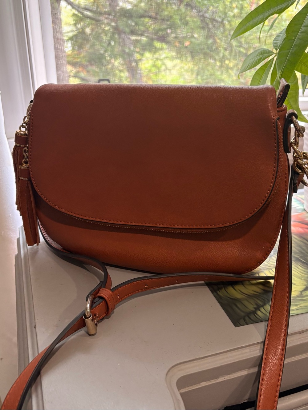 ISABELLE Women's Saddle Crossbody Bag in Cognac Brown NWOT